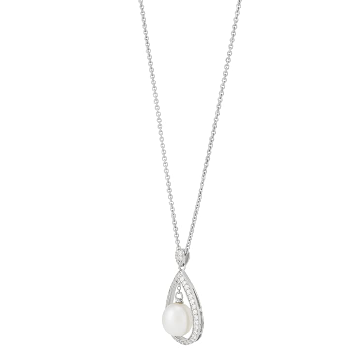 Sterling Silver White Freshwater Pearl and Swarovski Cubic Zirconia
Pendant with 17" Cable Chian