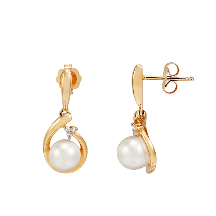10K Yellow Gold Diamond and Fresh Water Pearl Drop Earrings