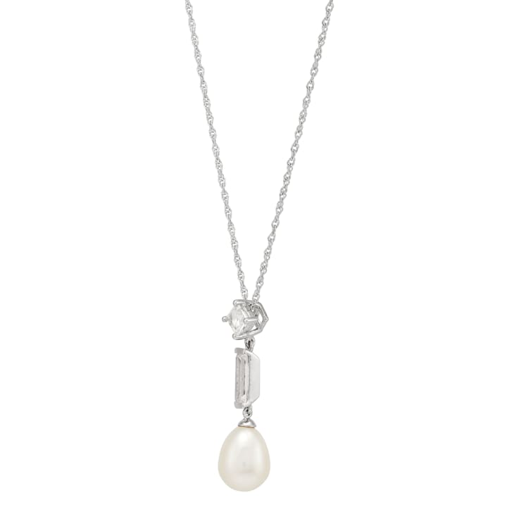 Sterling Silver Freshwater Pearl and Created White Sapphire Pendant with
18" Rope Chain