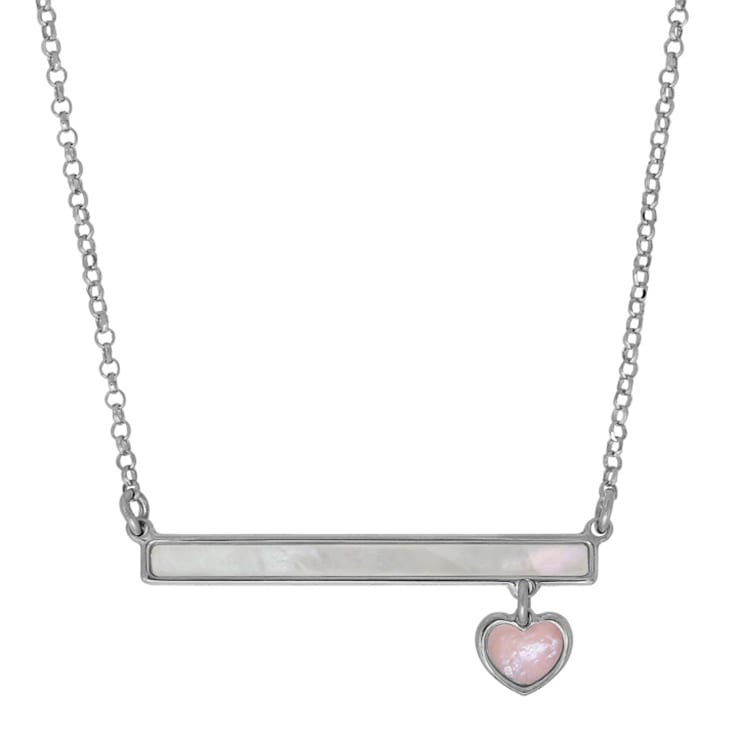 Sterling Silver White Bar Mother of Pearl and Pink Heart Mother of Pearl Necklace