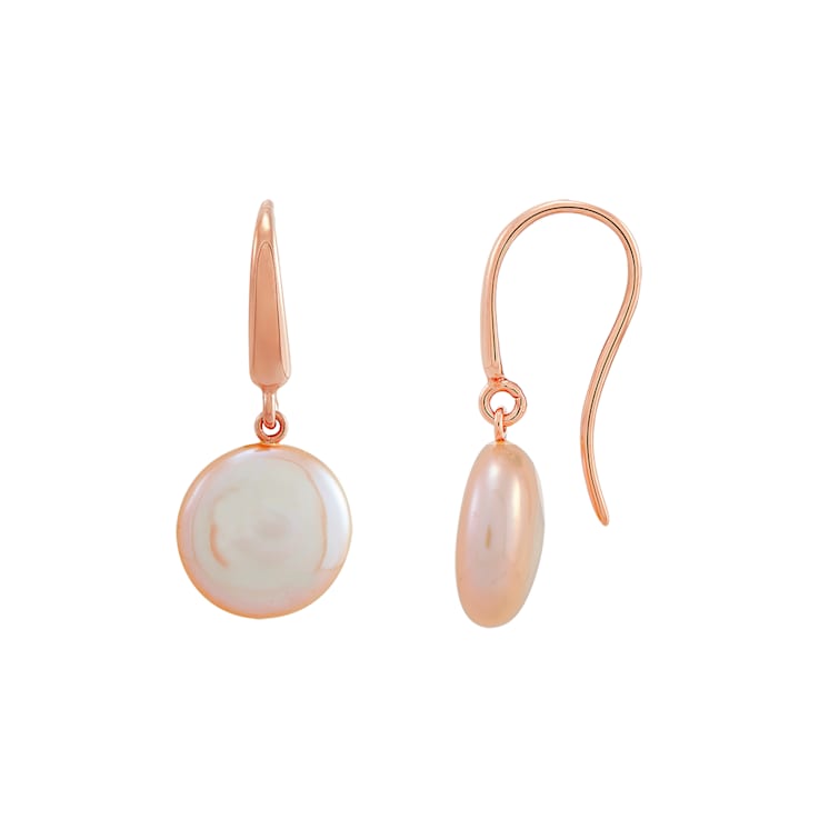 Sterling Silver with Rose Gold Plating 13mm Coin Pearl Drop Earrings