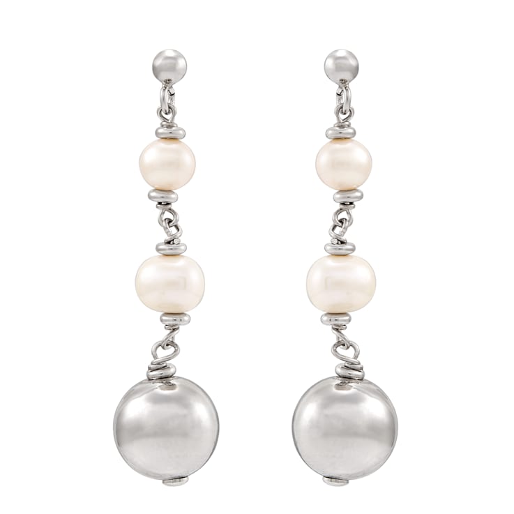 Sterling Silver White Round Pearl and Large Bead Drop Earrings