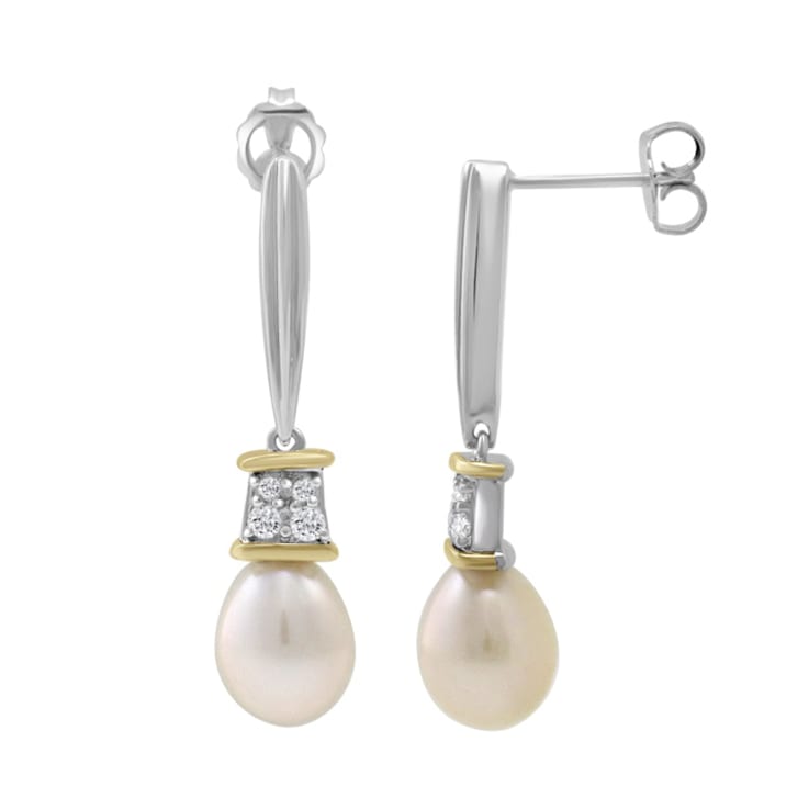 Sterling Silver and 14K Yellow Gold White Fresh Water Pearl and White
Topaz Drop Earrings