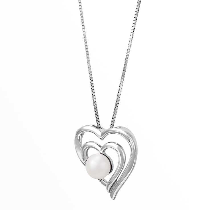 Sterling Silver Fresh Water Pearl and Created White Sapphire Heart
Pendant with 18" Box Chain