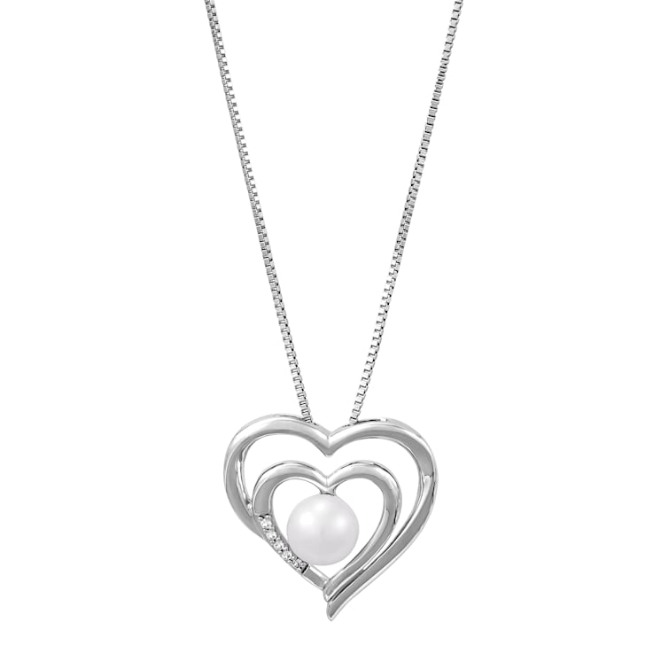 Sterling Silver Fresh Water Pearl and Created White Sapphire Heart
Pendant with 18" Box Chain