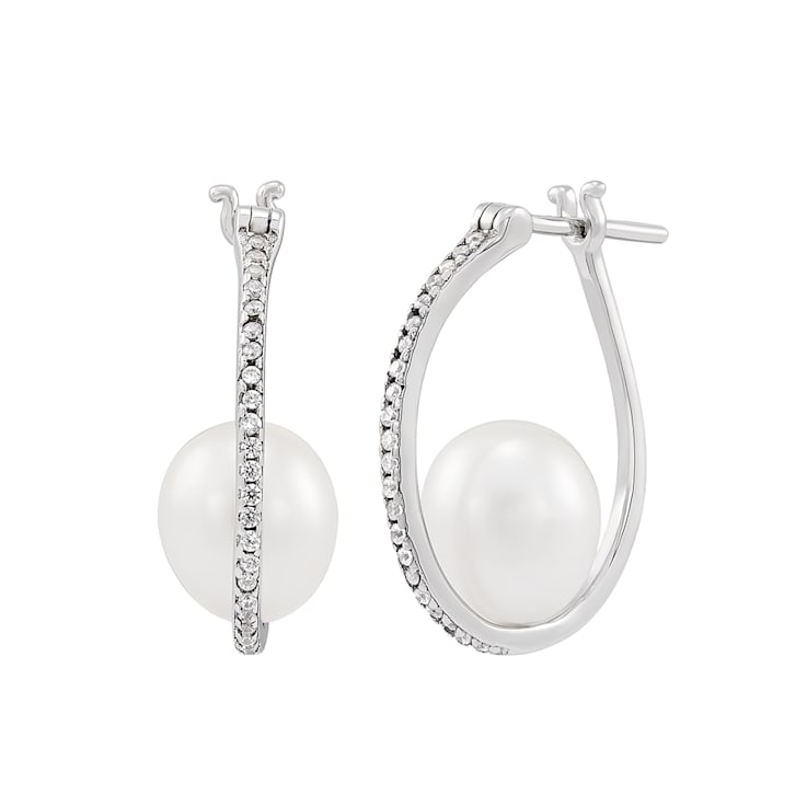 Sterling Silver Oval White Pearl and Round White Topaz J-Hoop