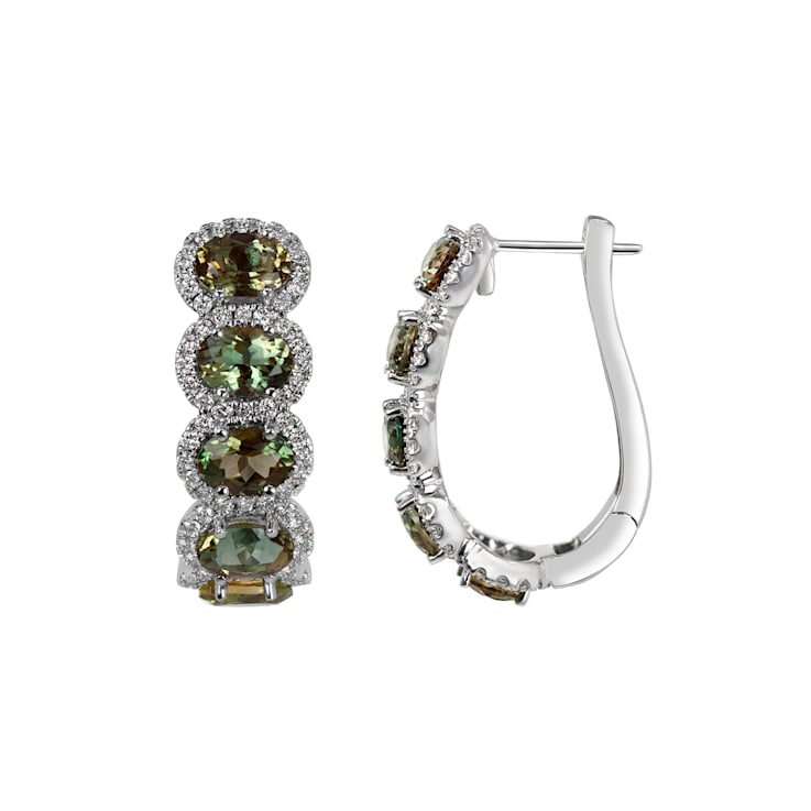 18KW 1 1/2 CTW Diamond Hoop Earring With 7 1/2 CTW Oval Sun Stone