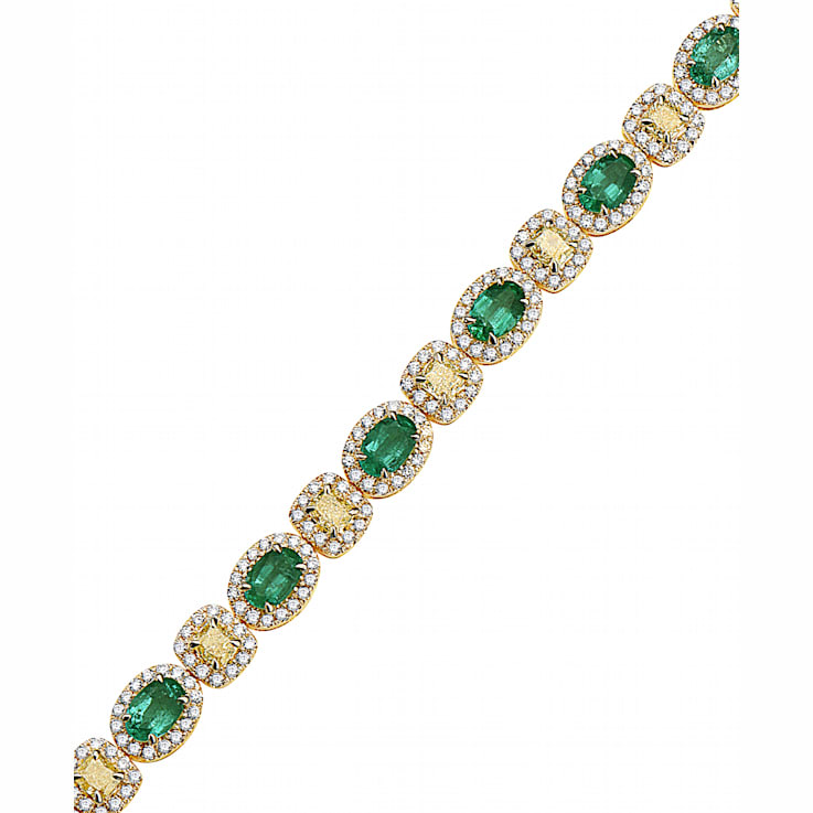 14KT Emerald, Cushion Yellow Diamond, & Diamond Bracelet in Yellow Gold