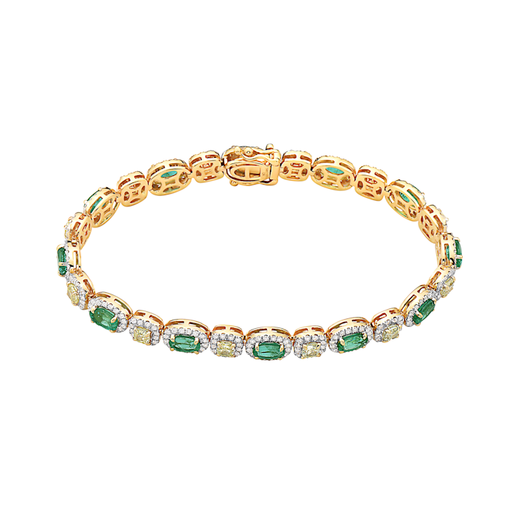 14KT Emerald, Cushion Yellow Diamond, & Diamond Bracelet in Yellow Gold