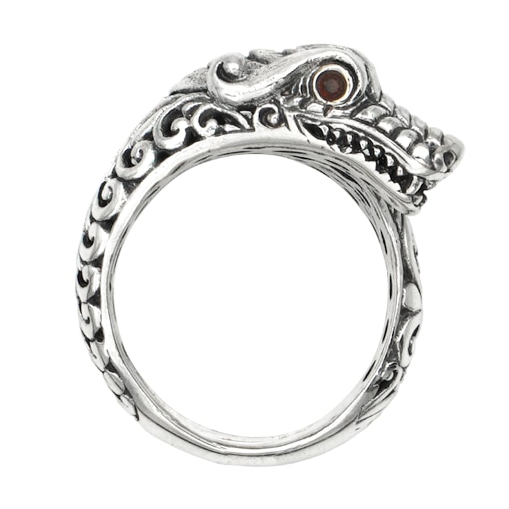 Artisan Balinese Sterling Silver Dragon Ring with Garnet Eyes