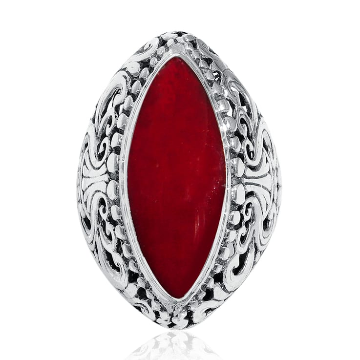 Balinese Artisan 925 Sterling Silver Ring with Red Coral