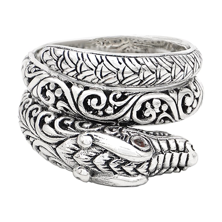 Artisan Balinese Sterling Silver Dragon Ring with Garnet Eyes