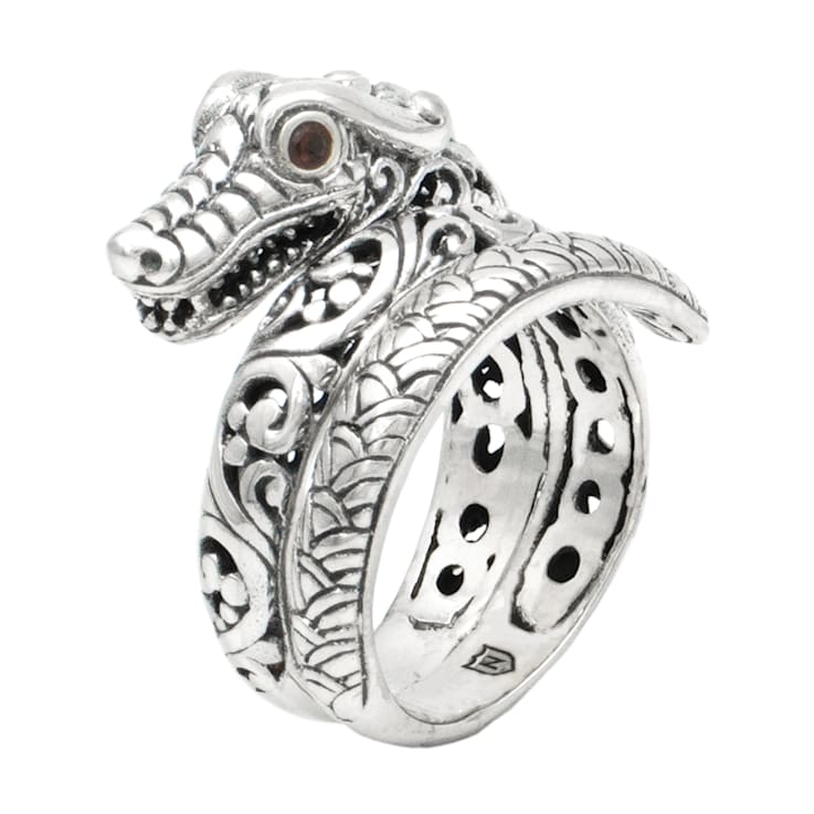 Artisan Balinese Sterling Silver Dragon Ring with Garnet Eyes