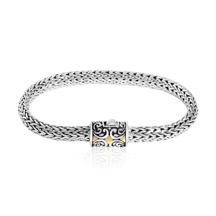 Balinese Artisan 925 Sterling Silver Bracelet with 18K Gold at Centre Lock