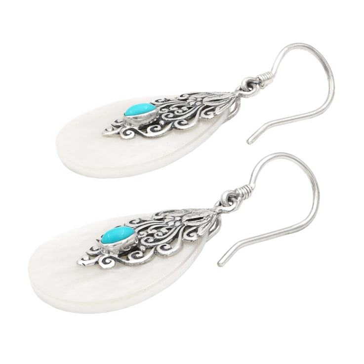 Mother-of-Pearl, Sleeping Beauty Turquoise, Artisan Balinese Sterling
Silver Earrings