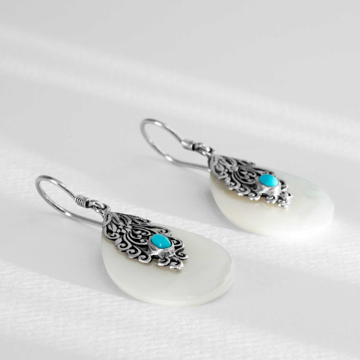 Mother-of-Pearl, Sleeping Beauty Turquoise, Artisan Balinese Sterling
Silver Earrings