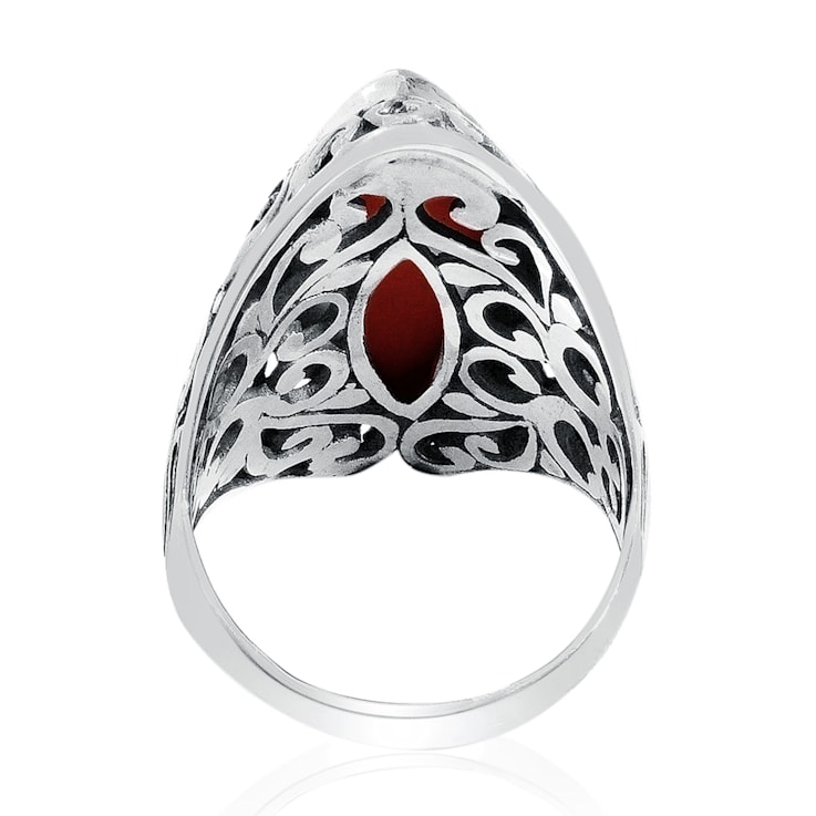 Balinese Artisan 925 Sterling Silver Ring with Red Coral