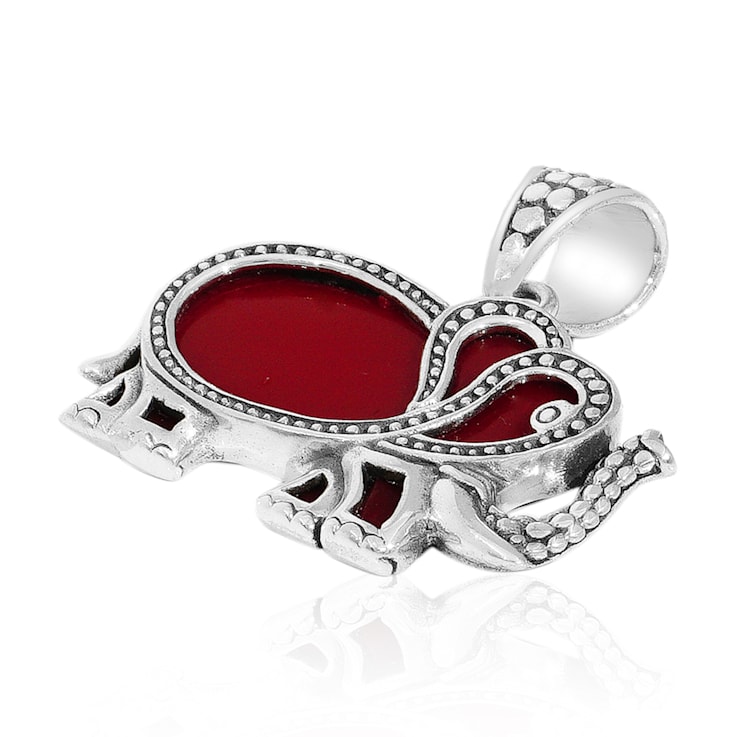 Balinese Artisan 925 Sterling Silver Elephant Pendant with Coral