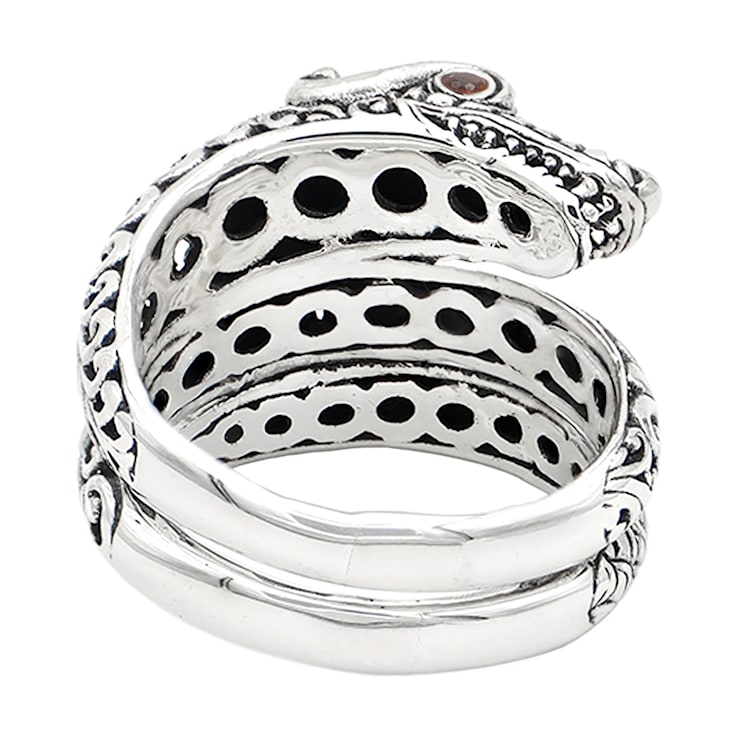 Artisan Balinese Sterling Silver Dragon Ring with Garnet Eyes