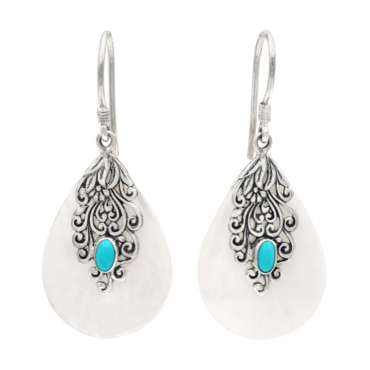 Mother-of-Pearl, Sleeping Beauty Turquoise, Artisan Balinese Sterling
Silver Earrings