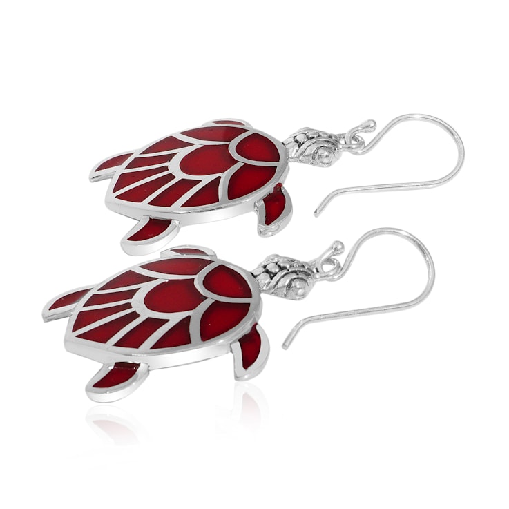 Balinese Artisan 925 Sterling Silver Turtle Shape Earring with Red Coral