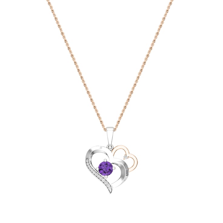 Dazzlingrock Collection Amethyst and Diamond Double Heart Pendant with
Chain in 18K Gold