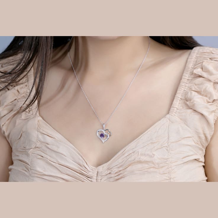Dazzlingrock Collection Amethyst and Diamond Double Heart Pendant with
Chain in 18K Gold