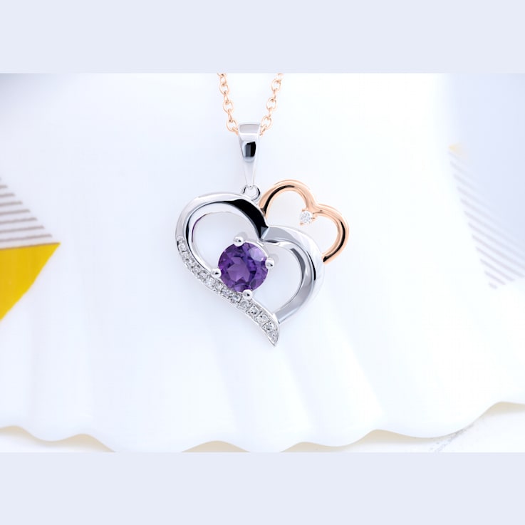 Dazzlingrock Collection Amethyst and Diamond Double Heart Pendant with
Chain in 18K Gold