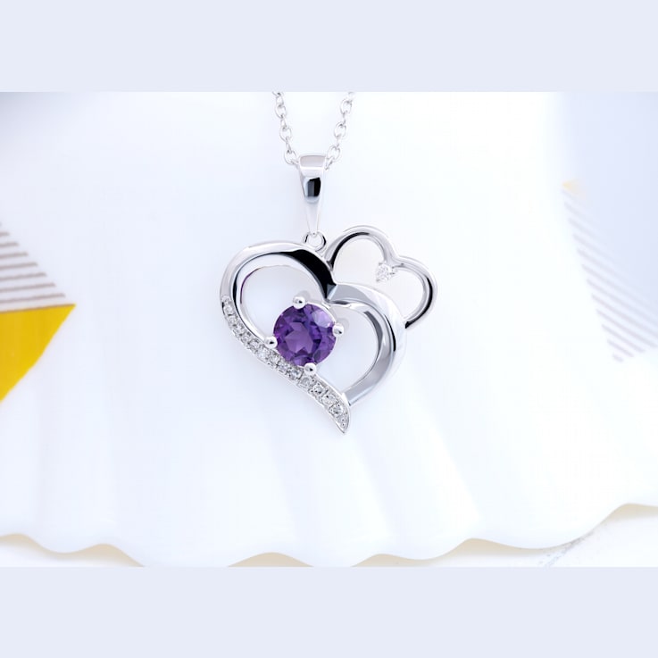 Dazzlingrock Collection Amethyst and Diamond Double Heart Pendant with
Chain in 14K Gold