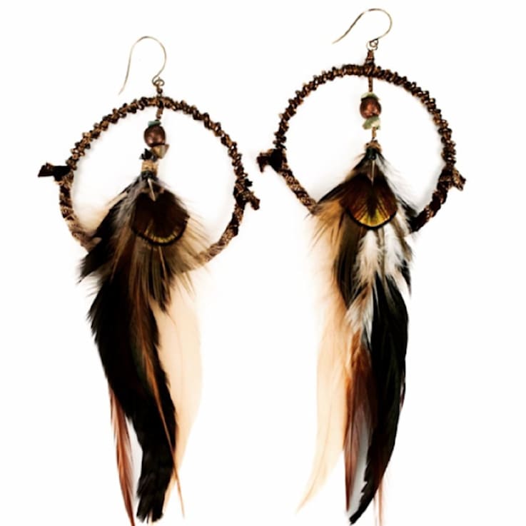 Ghigau Feather Dangle Hoop Design Earrings, Handmade by Amber Planet Earth.