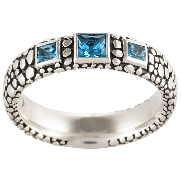 Oxidized Sterling Silver Swiss Blue Topaz Square 3-Stone Ring