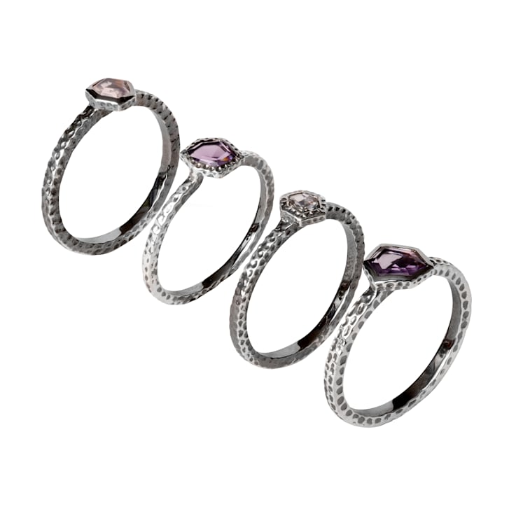Rhodium over Sterling Silver Set of 4 Stackable Solitaire Rings
