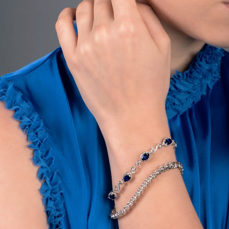 Created Blue Sapphire and Natural White Diamond Sterling Silver Bracelet