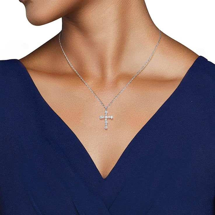 Jewelili 10K White Gold Round White Cubic Zirconia Cross Pendant with
Rope Chain