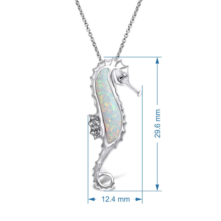 Jewelili Created Opal with Diamond Seahorse Pendant with Rolo Chain