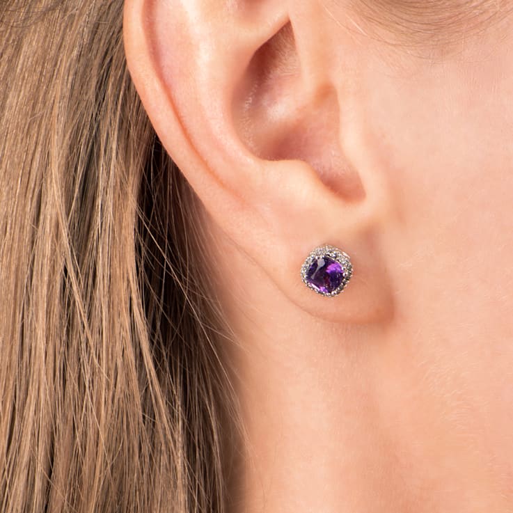 10K White Gold 5x5 MM Cushion Amethyst and 1/10 Ctw Natural White Round
Diamond Stud Earrings
