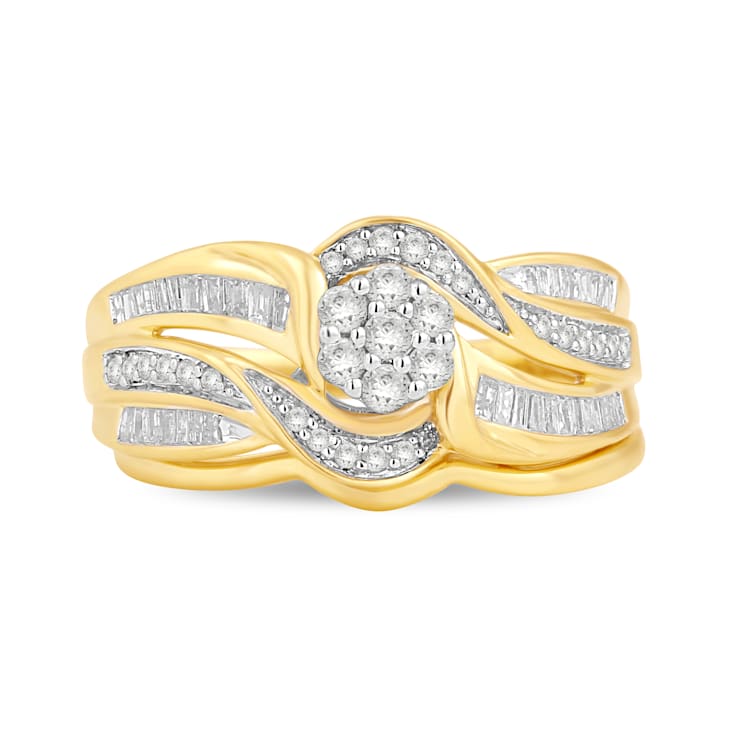 Jewelili Yellow Gold over Sterling Silver 1/2 ctw White Round and
Baguette Diamond Ring