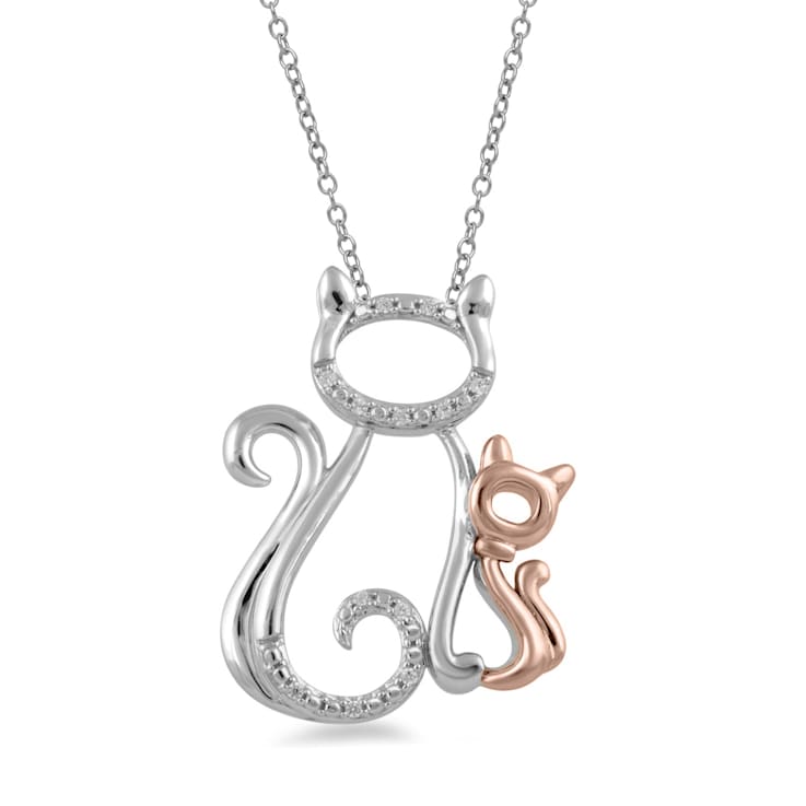 Jewelili 10K Rose Gold and Sterling Silver White Round Diamond Cat
Pendant, 18" Rolo Chain