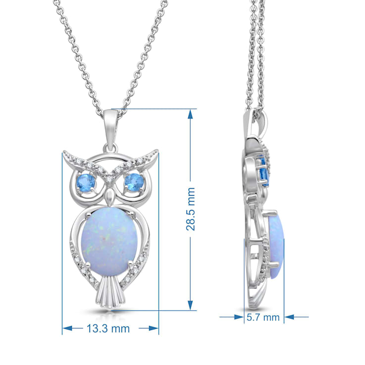 Jewelili Sterling Silver Created Opal, Swiss Blue Topaz and White
Diamond Owl Pendant