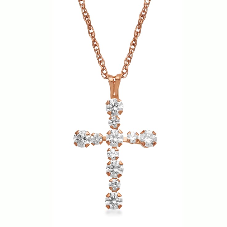 Jewelili 10K Rose Gold Round White Cubic Zirconia Cross Pendant with
Rope Chain