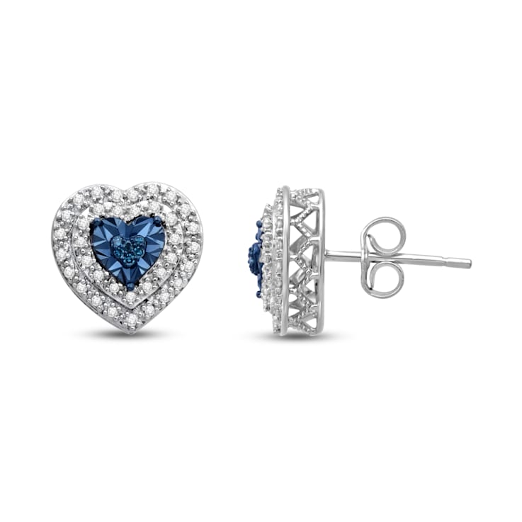 Treated Blue and White Diamond Sterling Silver Heart Stud Earrings 0.25 CTW