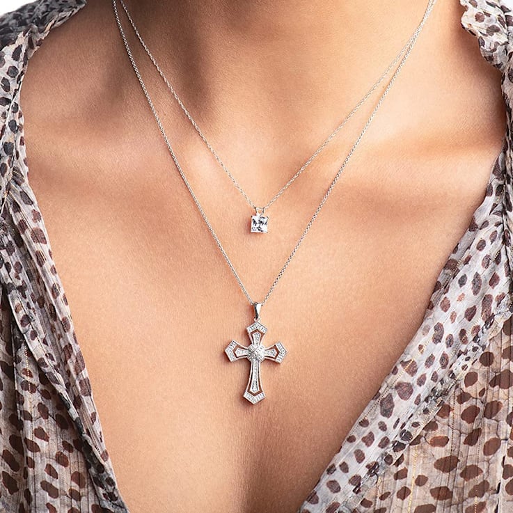 Jewelili 1/5 ctw Round White Diamond Sterling Silver Cross Pendant With Chain