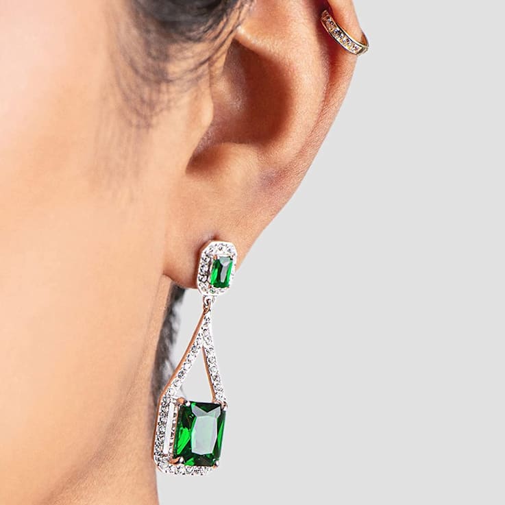 Sterling Silver Octagon Simulated Green Emerald Glass and Round Cubic
Zirconia Dangle Earrings