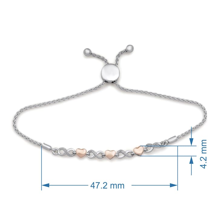 White Diamonds Sterling Silver and 10K Rose Gold Infinity and Heart
Shape Bolo Bracelet