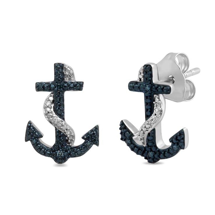 Blue and White Diamonds Sterling Silver Anchor Stud Earrings
