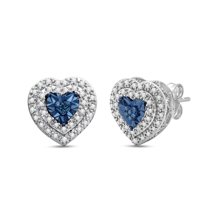 Treated Blue and White Diamond Sterling Silver Heart Stud Earrings 0.25 CTW