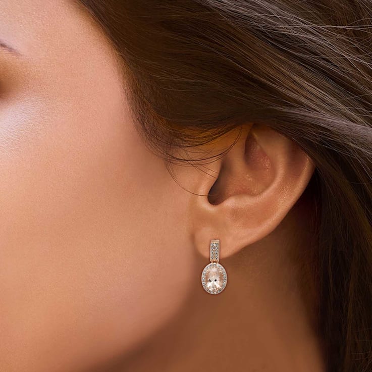 Sterling Silver Morganite and Natural White Diamond  Stud Earrings 1.71 CTW