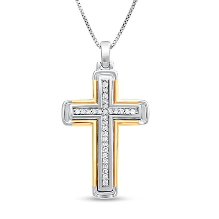 Jewelili Yellow Gold over Sterling Silver Diamond Mens Cross Pendant
with Box Chain