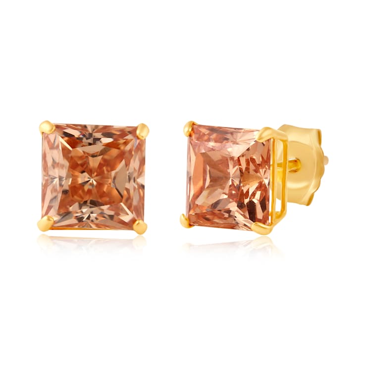 10K Yellow Gold 6 MM Princess Champagne Cubic Zirconia Stud Earrings