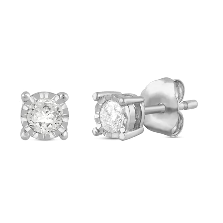 Jewelili 10K White Gold 1/4ctw Miracle Plated White Round Diamond Stud Earrings